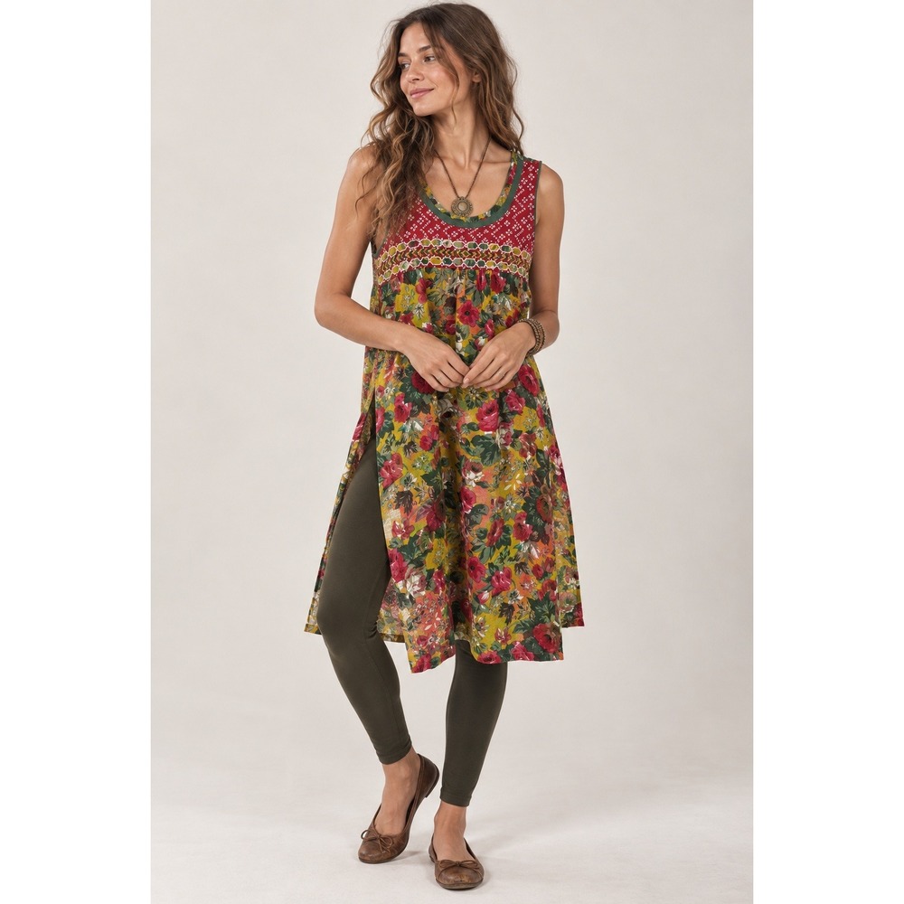 Biba Cotton Kurti Tunic Dress Womens 36 Yellow Red Floral Sleeveless Midi NWT